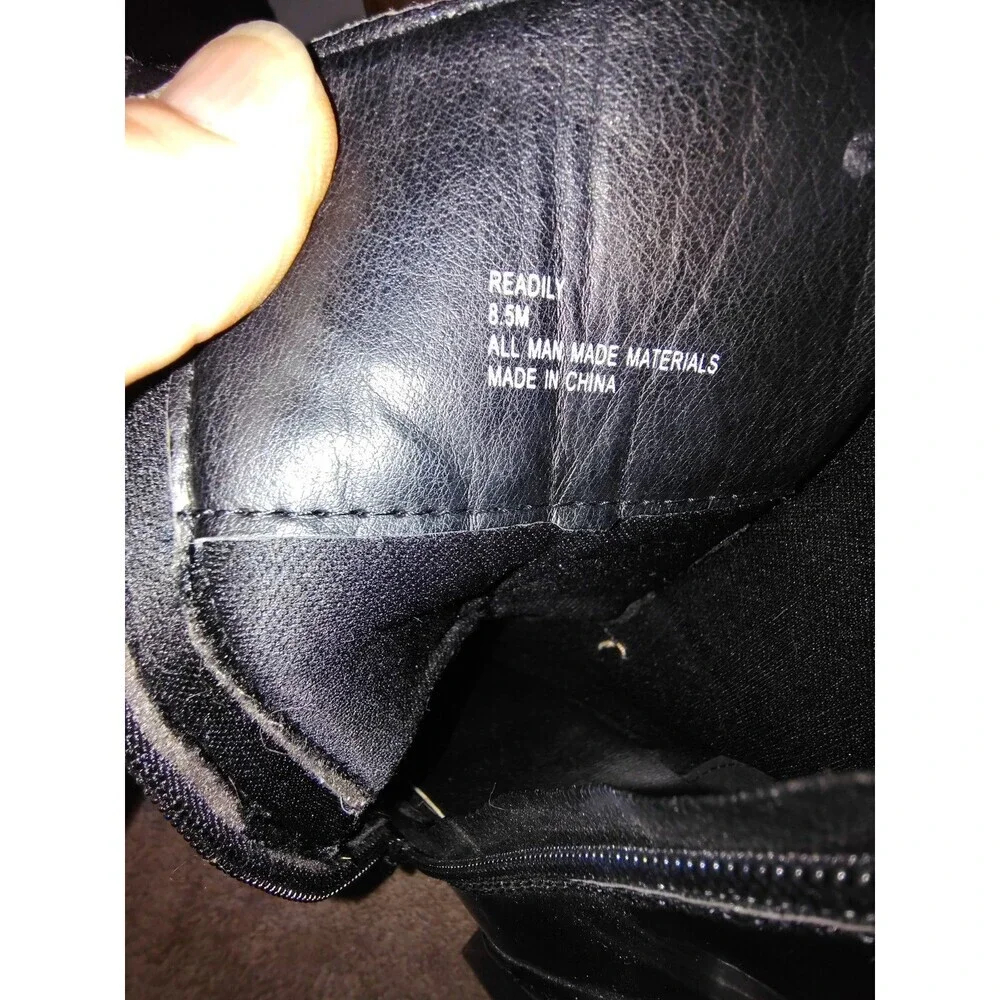 ​Forever 21 Black Patent Combat Boots Pearl Chain Block Heel Sz 8.5M Steampunk